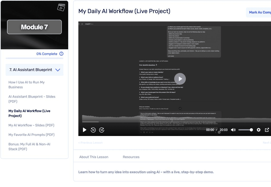 AI Assistant Blueprint lesson inside the Cinematic Studio member dashboard