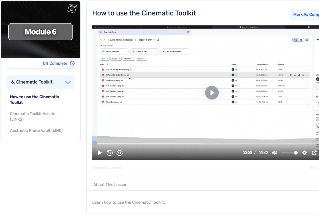 Cinematic Toolkit lesson inside the Cinematic Studio member dashboard