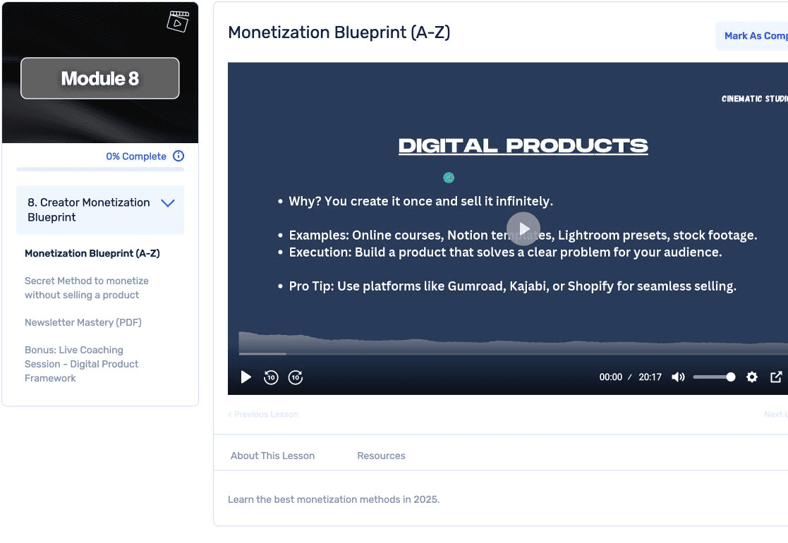 Monetization Blueprint lesson inside the Cinematic Studio member dashboard