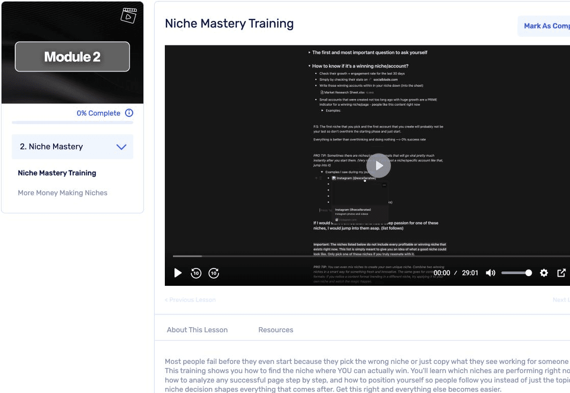 Niche Mastery lesson inside the Cinematic Studio member dashboard