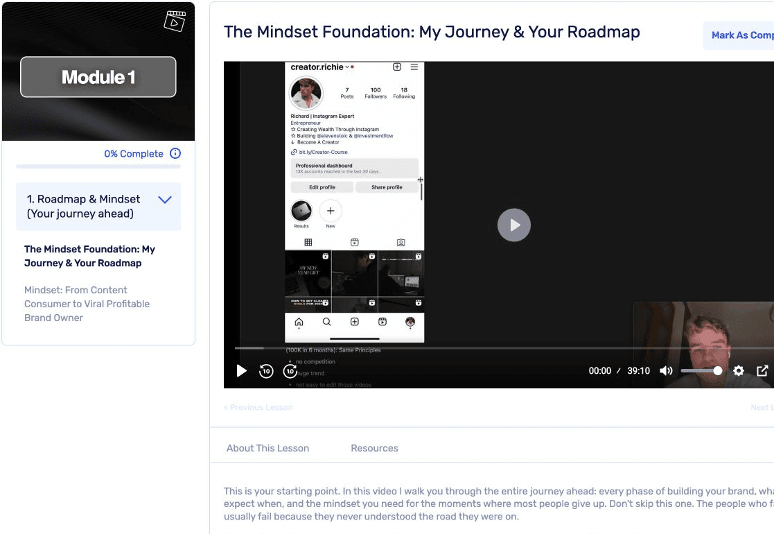 Roadmap & Mindset lesson inside the Cinematic Studio member dashboard