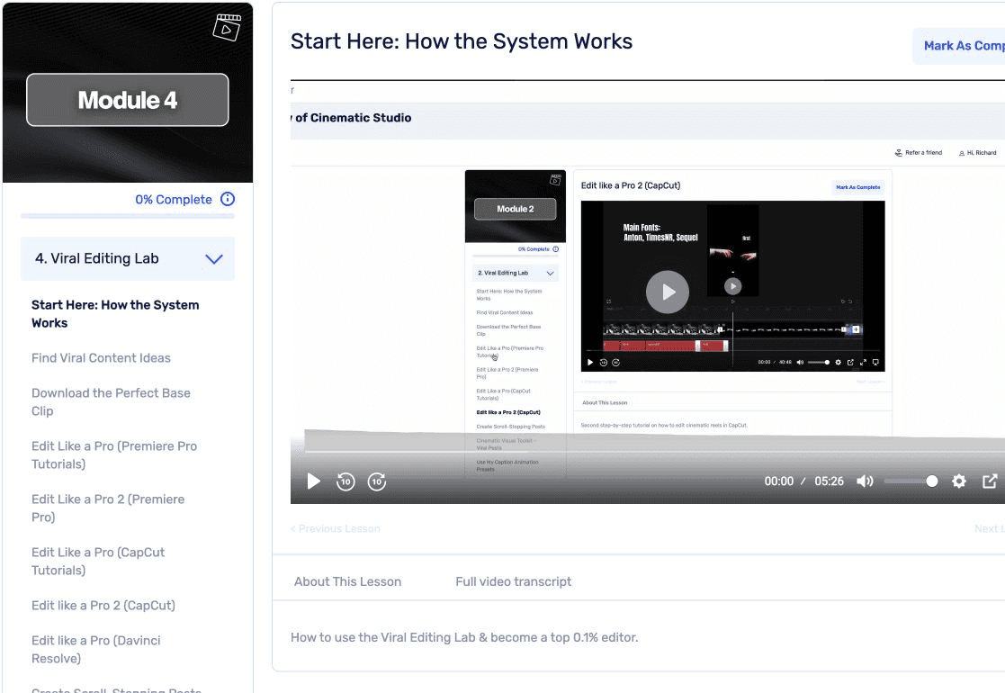 Viral Editing Lab lesson inside the Cinematic Studio member dashboard